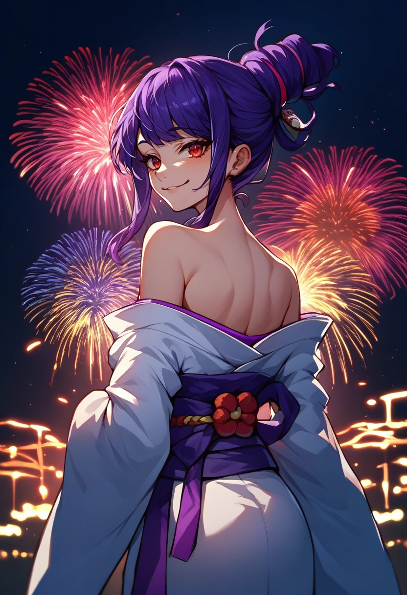 score_9, score_8_up, score_7_up, source_anime, from behind, solo, 1girl, meddyexe, smile, looking back, purple hair, red eyes, white kimono, off shoulder, purple sash, bare shoulders, fireworks <lora:megamanbattlenet_meddy_ponyXL:0.9>