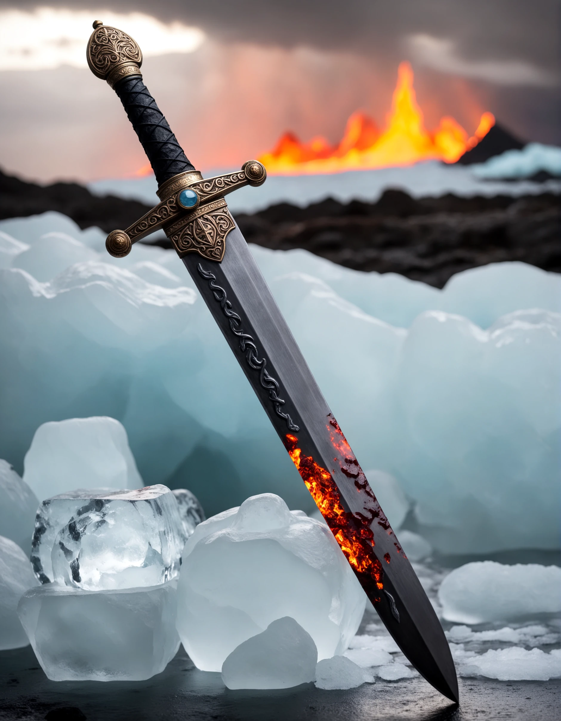 best quality, a viking sword, gem stones, stick inside a ice, lava in the background