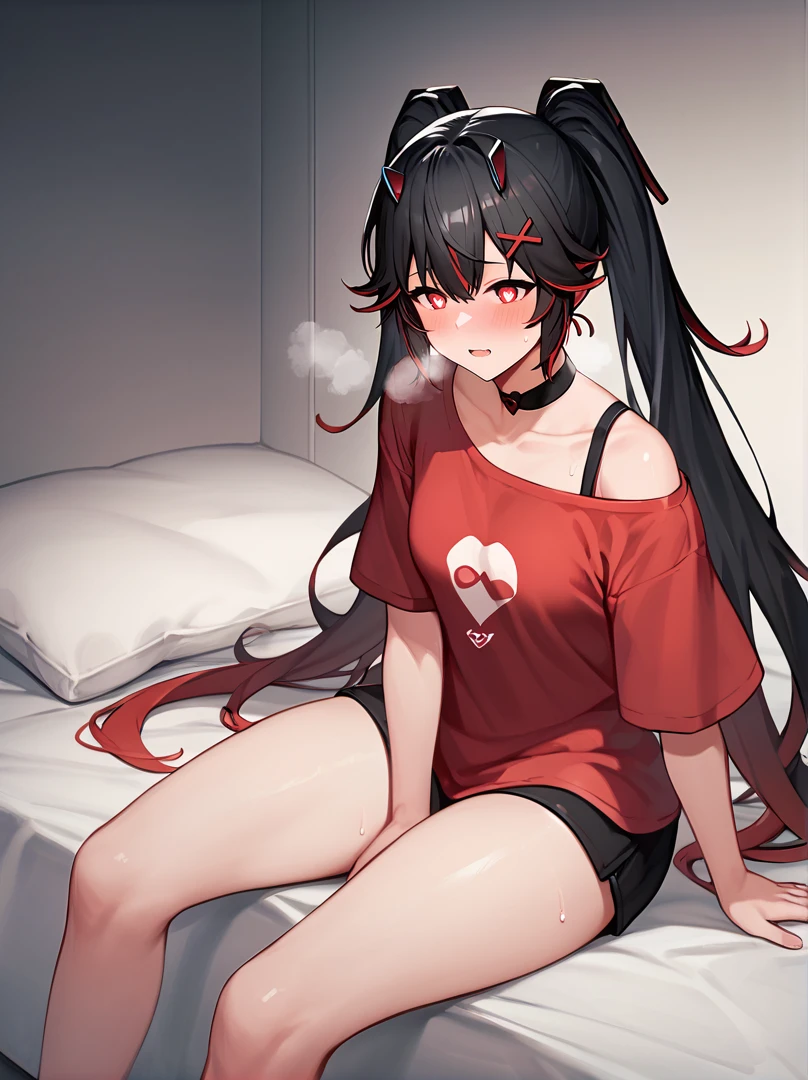 score_9, score_8_up, score_7_up, score_6_up, score_5_up, score_4_up, source_anime, plumebase, red eyes, long hair, black hair, two-tone hair, x hair ornament, twintails,
t-shirt, oversized shirt, blush, heavy breathing, thighs, sitting, parted lips, thick thighs, hearts, <3 eyes, horns
BREAK bed
<lora:luciaplume-step00001600:1>