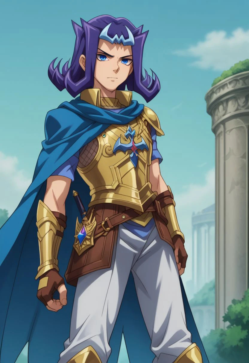 score_9, score_8_up, score_7_up, source_anime, highly detailed, 
shark, solo, 1boy, male focus, blue eyes, purple hair, blue hair, multicolored hair, armor, shoulder armor, gold armor, cape, blue cape, boots, knee boots, gloves, fingerless gloves, leather gloves, brown gloves,
outdoor,