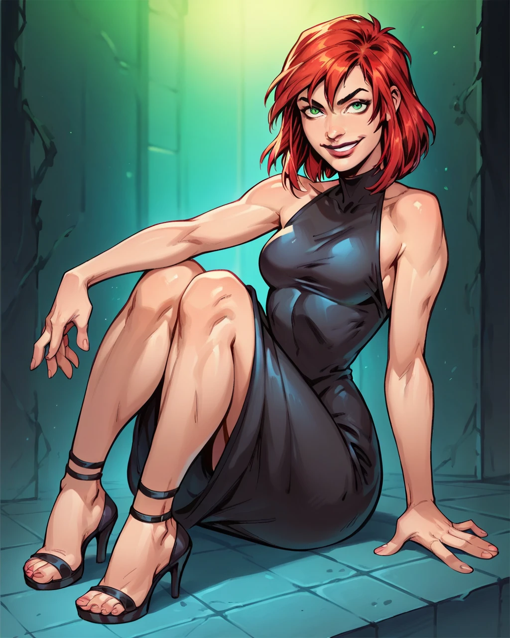 score_9, score_8_up, score_7_up, score_6_up, 2d, 1girl, MJW, solo,medium hair,green eyes,red hair, vibrant, highly detailed, black dress, full body, makeup, heels, petite, dark, seductive smile,shiny skin, basement at night