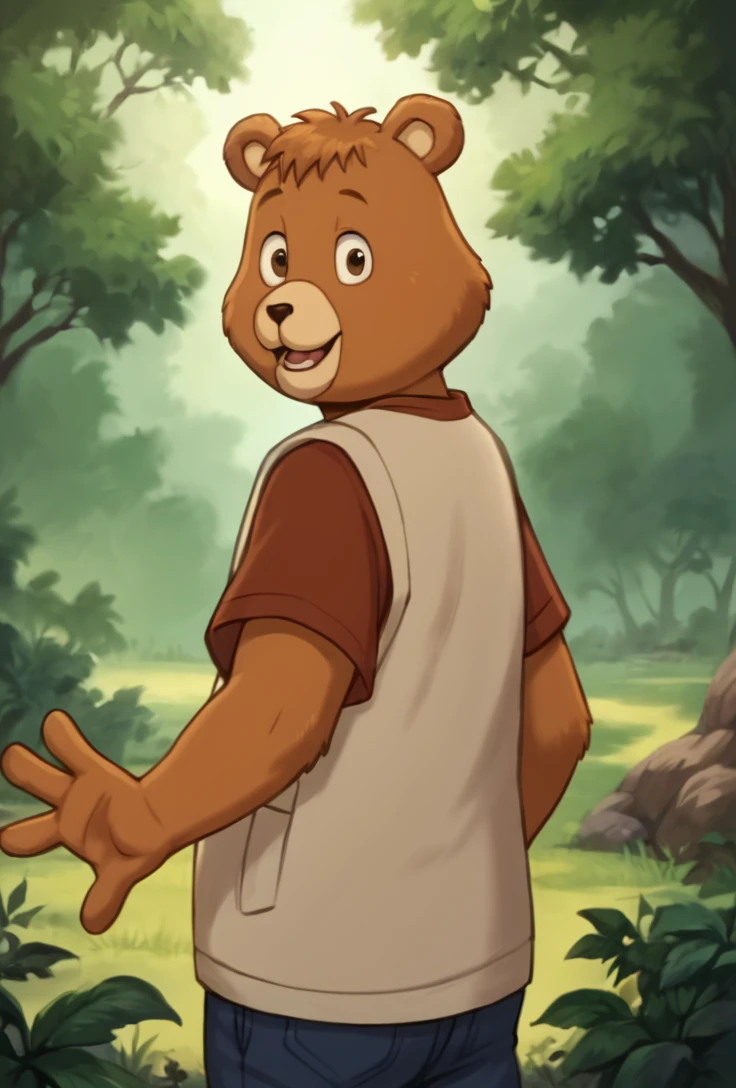 score_9, score_8_up, score_7_up, score_6_up, source_realistic, highly detailed, detailed eyes, 1boy, Teddy Ruxpin, cartoon bear standing in a forest, looking back at viewer, waving,  <lora:TeddyRuxpin0.1:1>