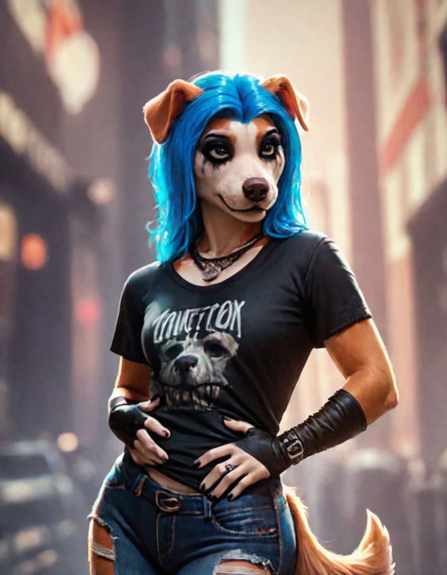 score_9, score_8_up, score_7_up, hkhmstr, (anthropomorphic dog:1.2), goth makeup, posing, (long blue hair:1.2), (outdoors city ghetto:1.2), perfect eyes, perfect hands, detailed fingers