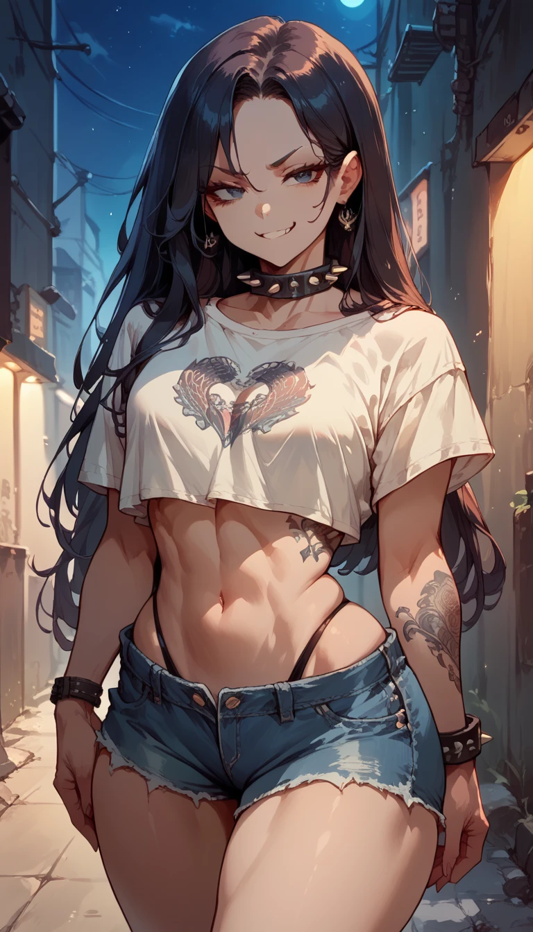Black pigtails hair, bangs, smile, tattoo