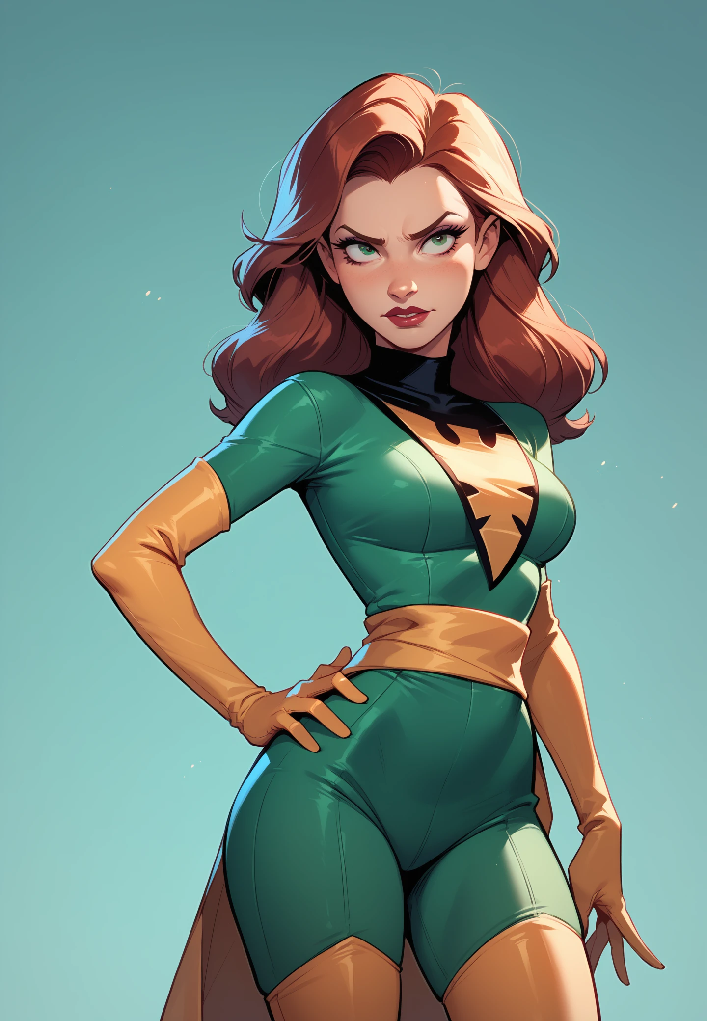 score_9, score_8_up, score_7_up, toon \(style\), disney, solo, 1girl, JeanGrey,green bodysuit, sash, elbow gloves, thigh highs, simple background,   zPDXL,  <lora:phoenix-10:0.8>