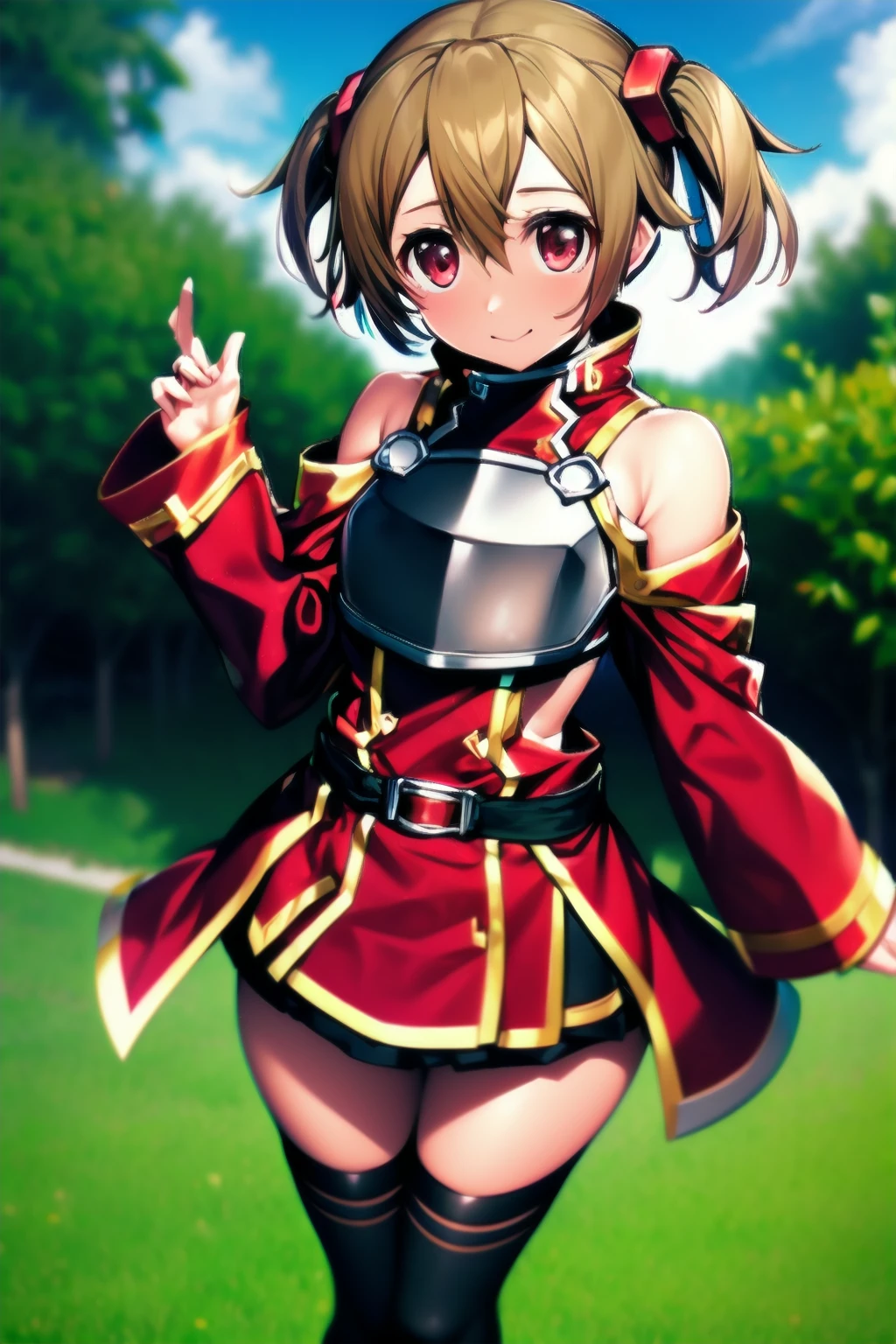 <lora:lambda-000070:0.7>, best quality, ultra fine, BREAK, <lora:silica(SAO):0.8> silica, silica sao cos, red coat, breastplate, bare shoulders, belt, zettai ryouiki, thighhighs, outdoors, grasslands,