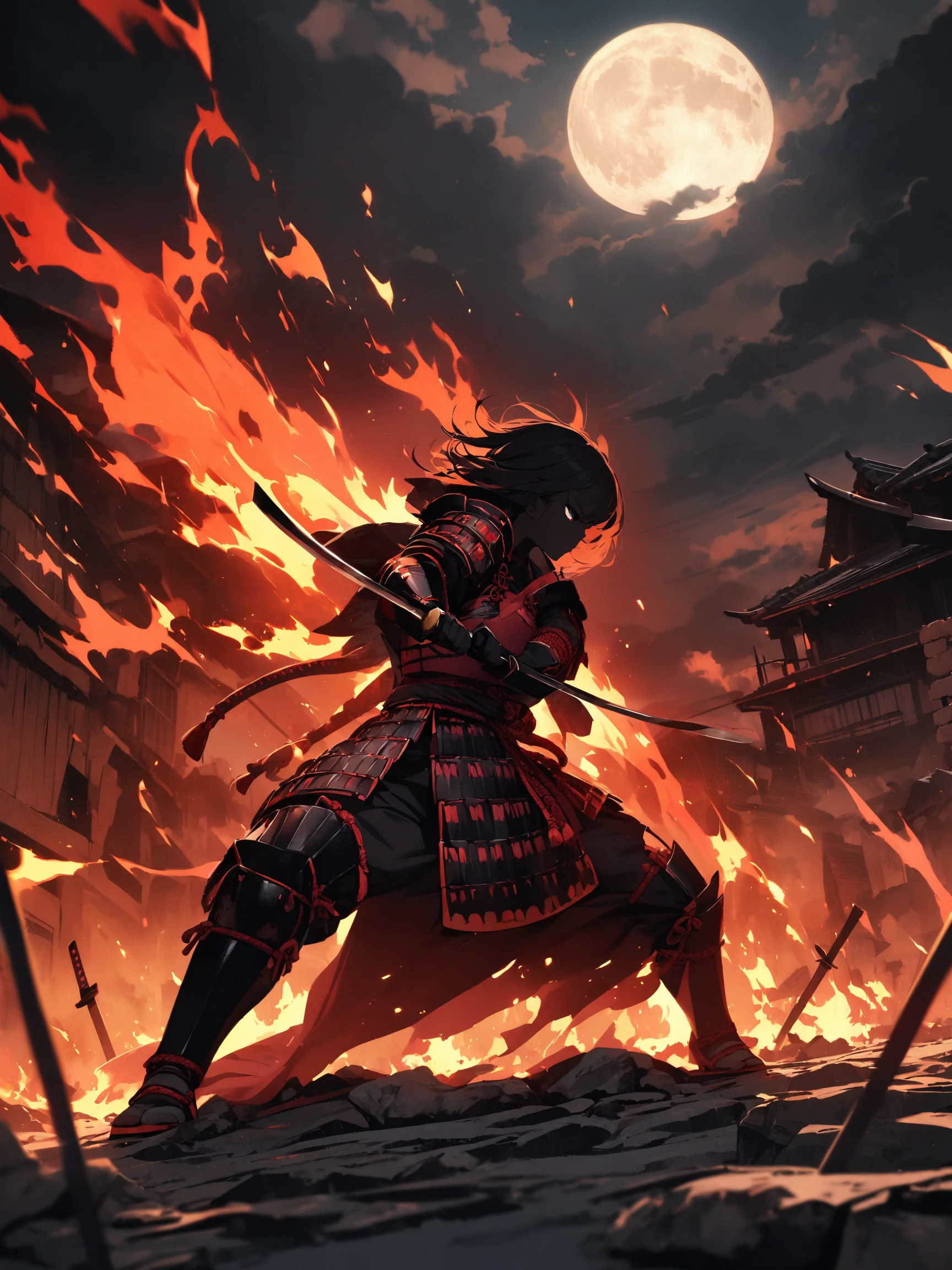 best quality, masterpieces,
1girl, clean face, stare eyes, no mask, samurai armor,
Action-packed digital illustration of a female samurai executing an iaijutsu move, crouched low on a rocky terrain, dramatic sky, impending storm, detailed, textured kimono and armor, dynamic composition, sharp focus, vibrant color scheme, epic feel,
midnight, dark sky, moon, background on fire, dark theme, standing in front of devastated houses, ruins background, 
heavy shadow, soft focus, soft lighting, subsurface scattering,
<lora:hina_samurai_armor_sdxl_rank32:0.6>