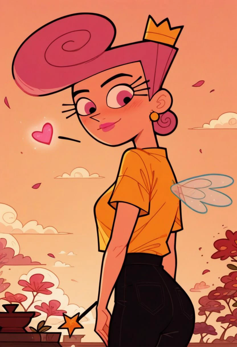 score_9, score_8_up, score_7_up, score_6_up, score_5_up, score_4_up,
1girl, wanda (/Fairly OddParents)/,(ultra HD quality details), pink hair, pink eyes, pink lipstick, earrings,
yellow shirt, black pants, crown, wings, wand, floating
modest look, seducing viewer, hearts, posing, sexy pose, solo, bonsai, sakura, cherry blossom, submission, sunset, flowers, plants, cinematic lightings