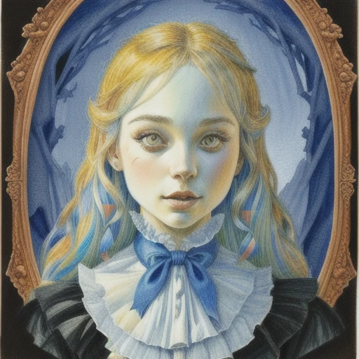 imcc style, alice in wonderland, portrait, focus on face, fantasy, color pencil drawing, <lora:Iain_McCaig_style:1>