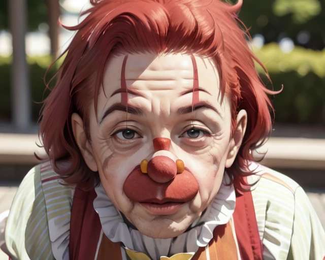 (old man clown face and red afro hair:1.5), chromatic_aberration, clown, cosplay_photo, depth_of_field, figure, film_grain, photorealistic, (a yellow vest with a red and white striped shirt:1.3), hisoka morow pose of abe takakazu, lying park bench, (detailed face:1.1)