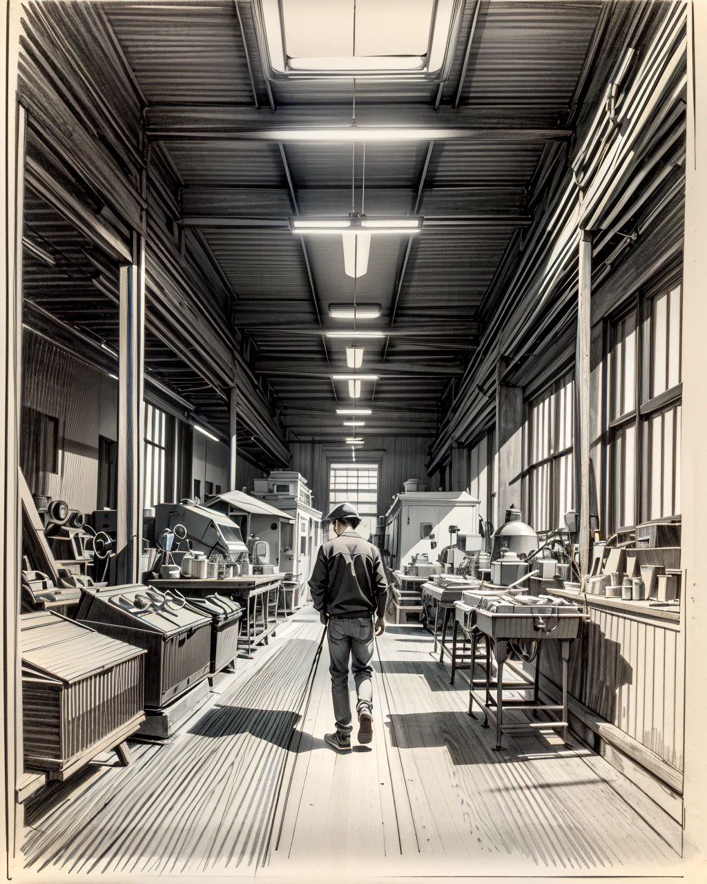 best quality,masterpiece,highly detailed,ultra-detailed, 
 <lora:neg9V2_last:0.7>  doodle, monochrome, traditional media, greyscale, sketch, simple background
 <lora:doodle:1>
worker in factory, indoors,