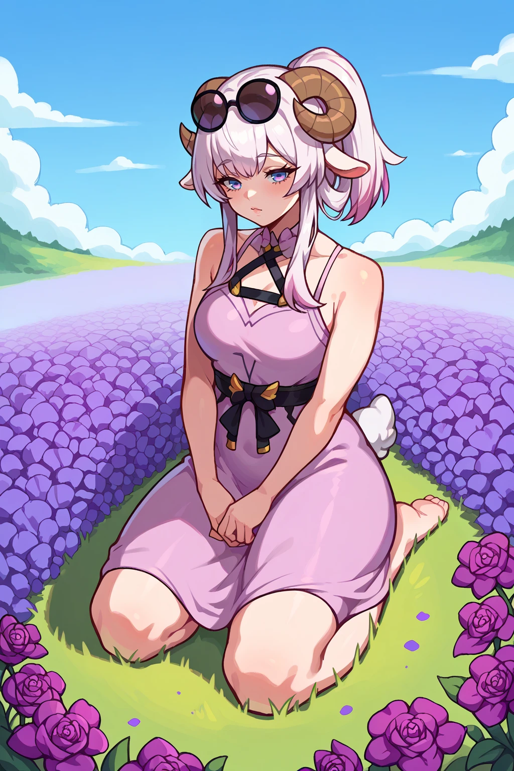 score_9, score_8_up, score_7 BREAK solo, 1girl <lora:NSKafkaHSR:1> NSKafkaMisc, long hair, bangs, sidelocks, ponytail, eyewear on head, sunglasses, white hair, blue eyes, kneeling, flower field, outdoors, purple flowers, sheep horns, light purple dress