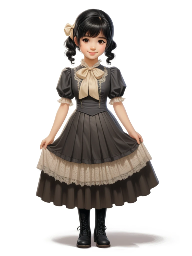 FRESHIDEAS girl 1girl black dress black footwear black hair boots brown eyes clothes lift curtsey dress full body lace lace trim lips looking at viewer nose puffy short sleeves puffy sleeves realistic ribbon short hair short sleeves simple background skirt skirt hold skirt lift smile solo standing swept bangs twintails white background,
