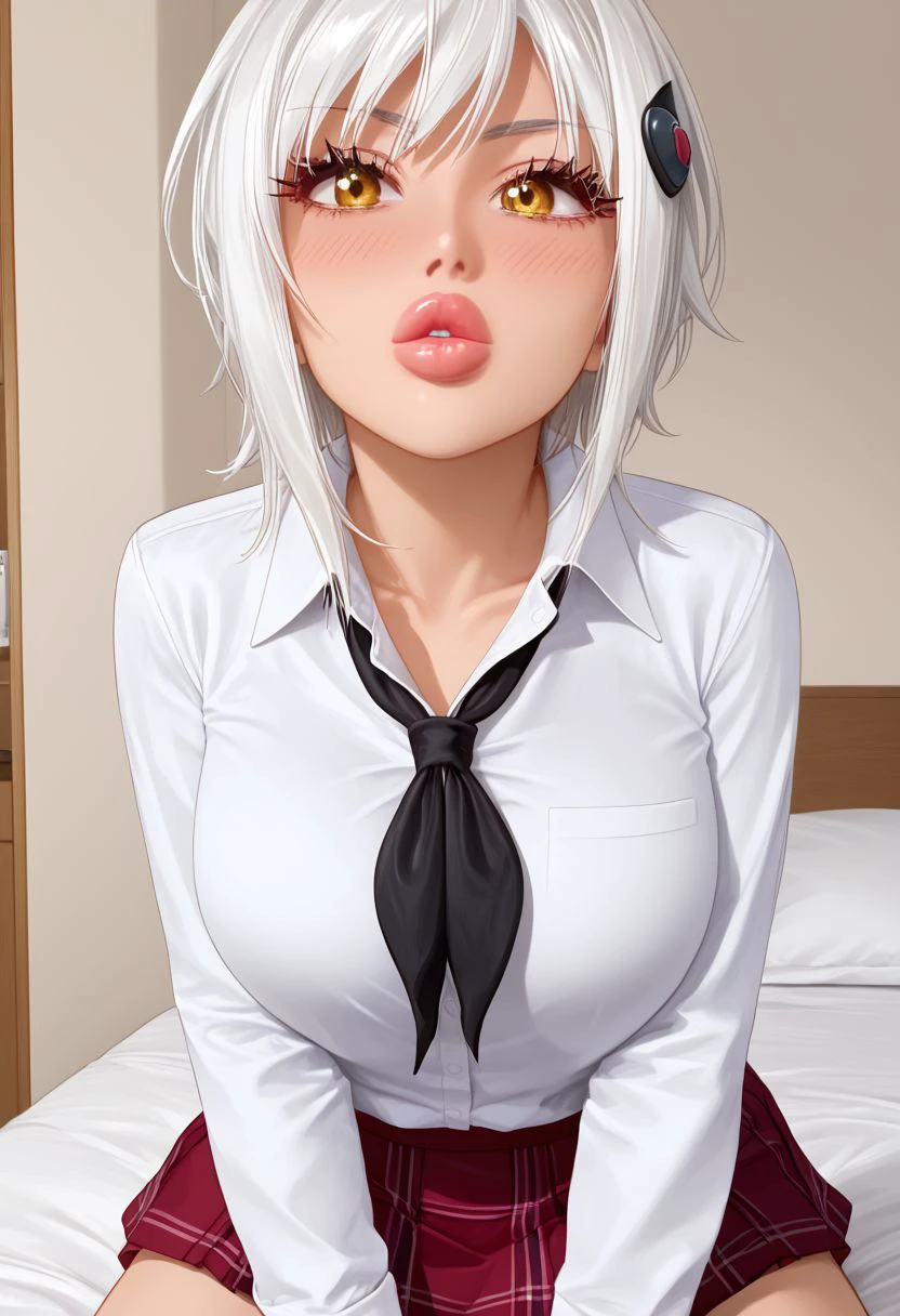 Masterpiece, best quality, high quality, highres, 4k, detailed face, Expressiveh, koneko toujou, short hair, hair ornament, yellow eyes, white hair, medium breast, gyaru, bmbplora, parted lips, shiny lips, lipgloss, long eyelashes, skirt, school uniform, shirt, white shirt, collared shirt, neckerchief, black neckerchief, long sleeves, red skirt, pouting, puffed cheeks, blushing, averted eyes, selfie,