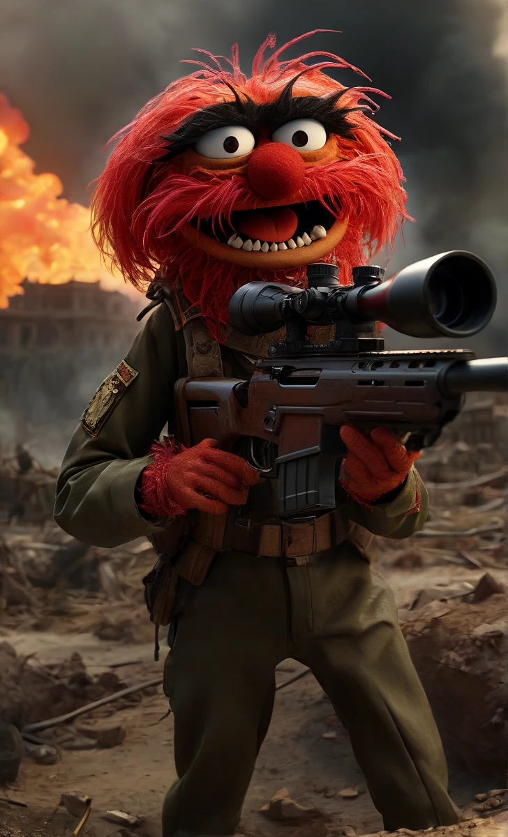 beautiful photo of Animal_Muppet, shooting sniper rifle, wearing military uniform, red face, angry face, teeth, battlefield background, movie still, massive explosion:1.2, fire, smoke, intricate details, like-like, dramatic lighting, <lora:detailed_notrigger:0.777>  film photography style, light grain, <lora:Animal_Muppet>