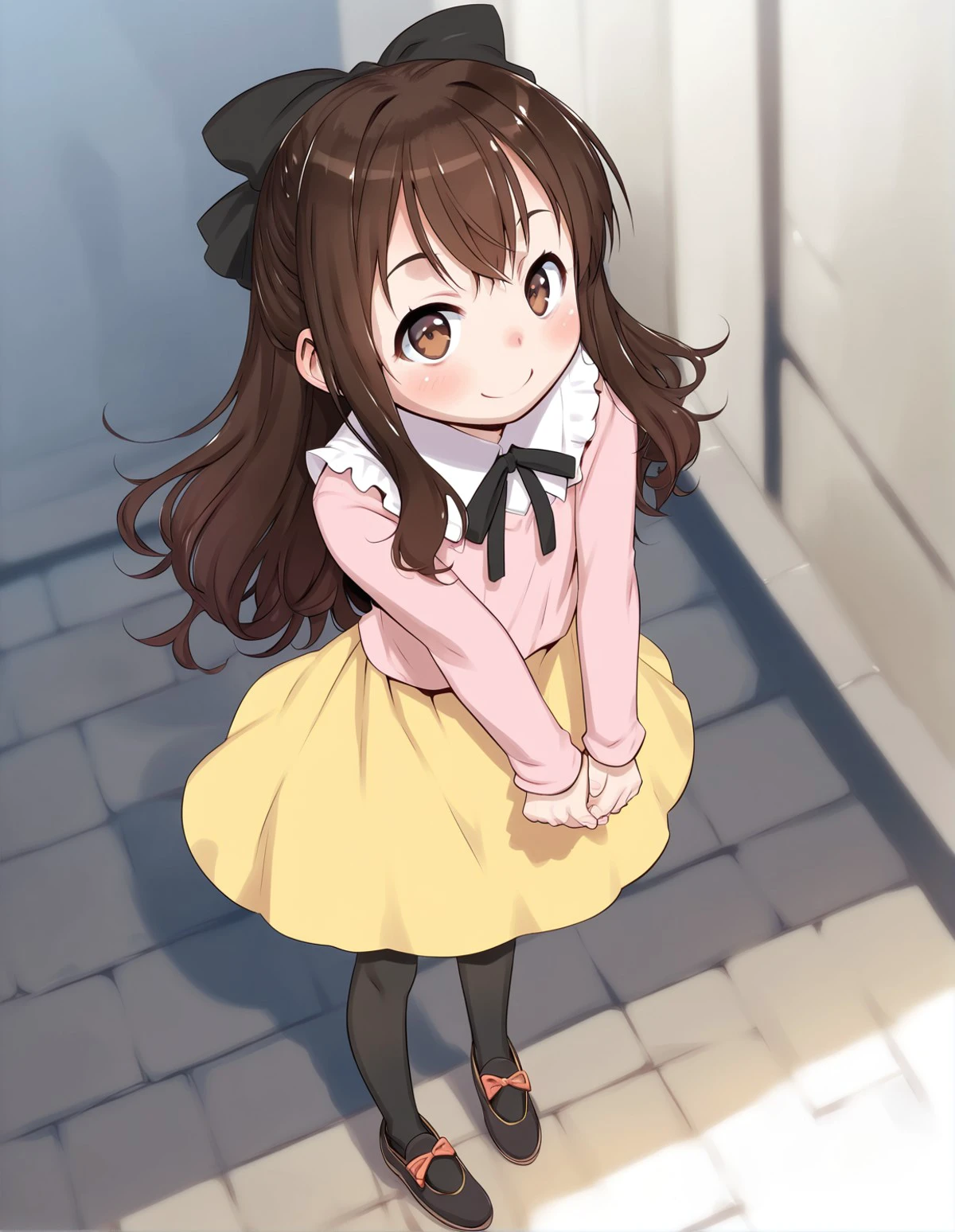 score_9, score_8_up, score_7_up,score_6_up,score_5_up,score_4_up, 1girl,, brown hair, pantyhose, brown eyes, long hair, smile, bow, skirt, full body, black pantyhose, yellow skirt, hair bow, looking at viewer, blush, shoes, v arms, long sleeves, shirt, ribbon, black bow, dutch angle, from above,
<lora:teruki_kuma_style_pony6_v1:1>
