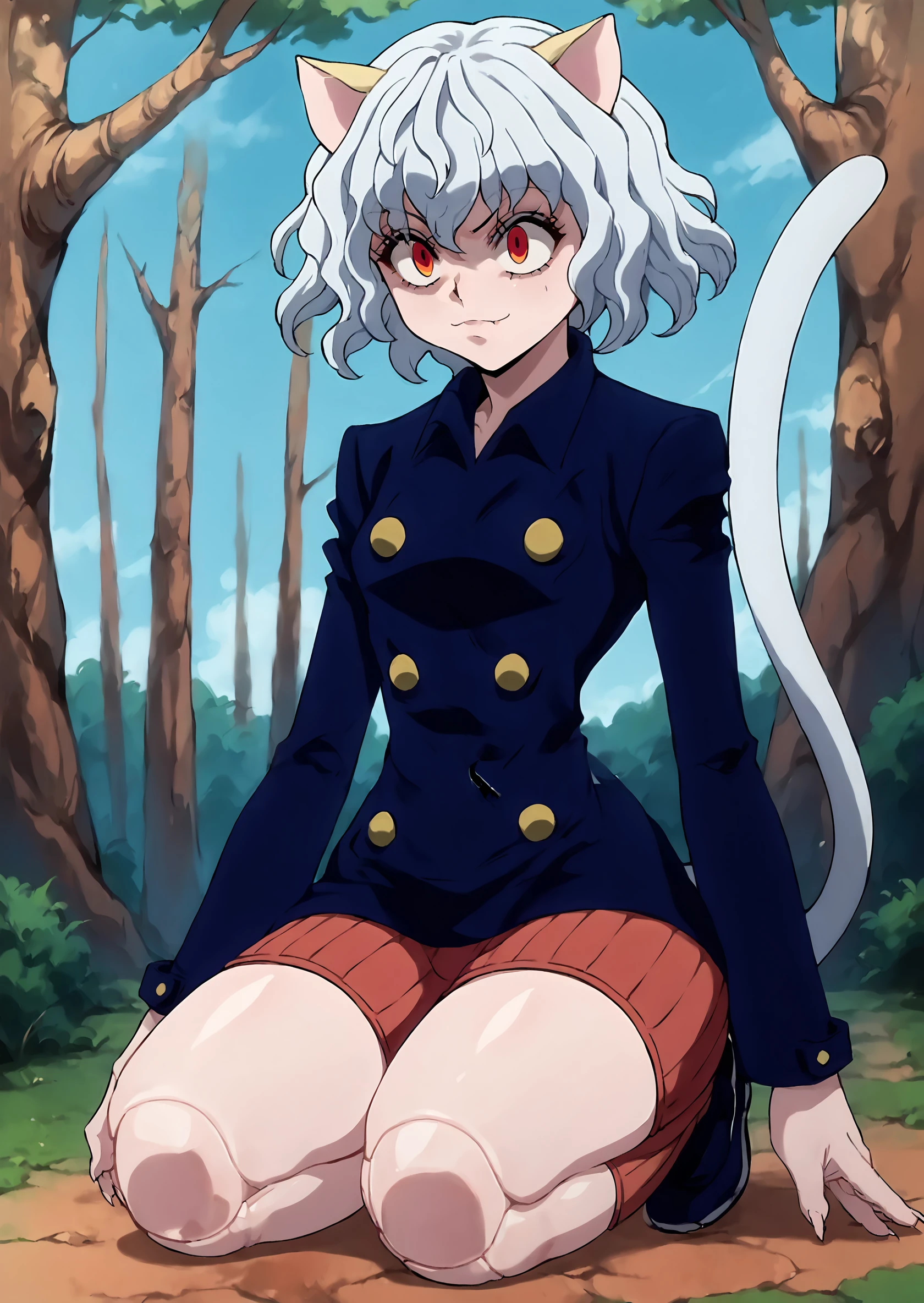 score_9, score_8_up, score_7_up, score_6_up, score_5_up, score_4_up, 2d, anime, anime artstyle, simple shadows, flat coloring, flat shadows, thick lines, hxhpitou <lora:Neferpitou_HxH_-_2011_anime_accurate_style:1.2>, 1girl, cat ears, cat tail, red eyes, thick thighs, wide hips, curvy, (panties), doll joints, on knees, (bare legs), outdoors, forest background, underwear, briefs BREAK source_anime