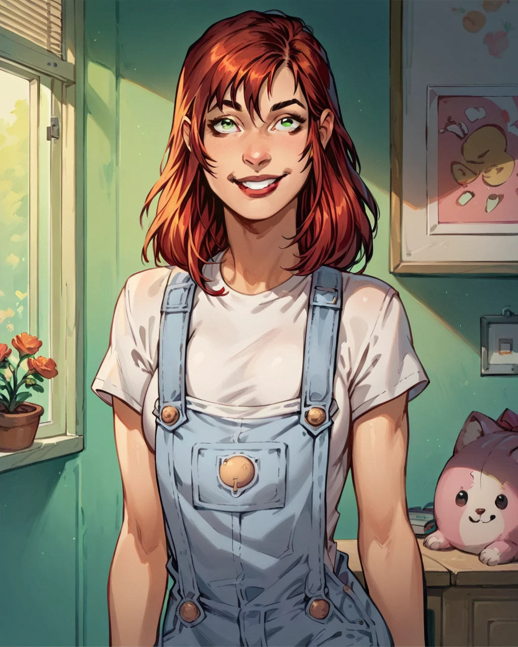 score_9, score_8_up, score_7_up, score_6_up, 2d, 1girl, MJW, solo,medium hair,green eyes,red hair, vibrant, highly detailed, overalls, white shirt, petite, dark, indoors,seductive smile,shiny skin,apartment at night