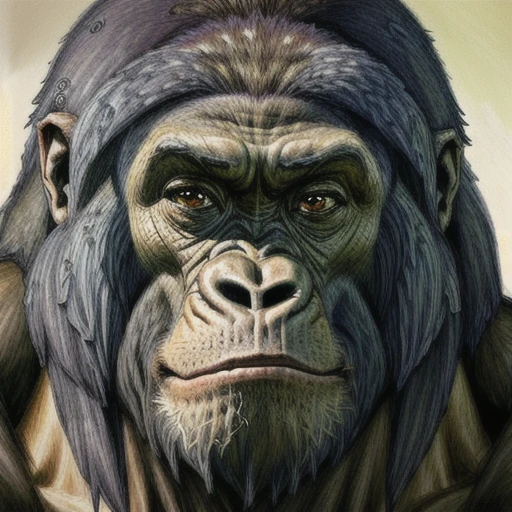 imcc style, gorilla, portrait, focus on face, fantasy, color pencil drawing, <lora:Iain_McCaig_style:1>