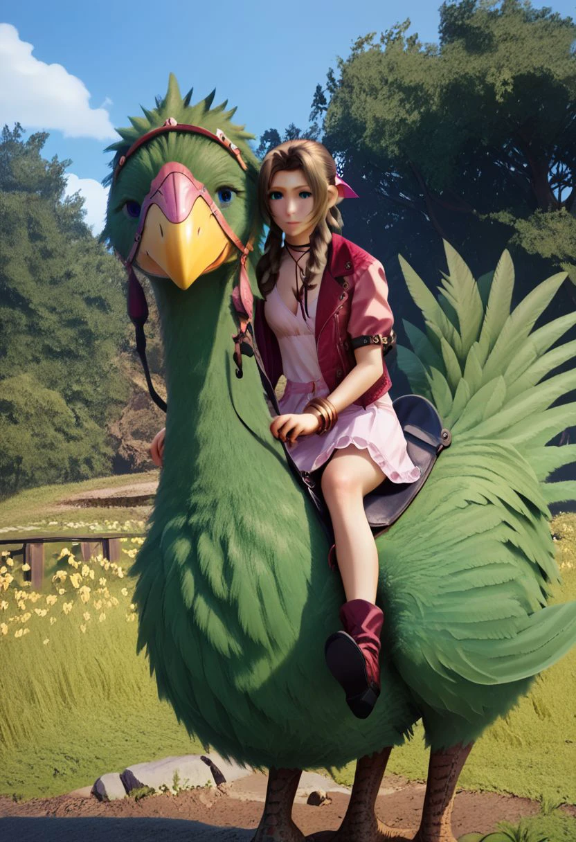 Bpb1,1girl,2d,Score_9, score_8_up, score_7_up, score_6_up,detailed , ( aerith), sitting, (riding a green  chocobo), medium blonde hair,pink skirt, leaning forward, hair clip, pink jacket