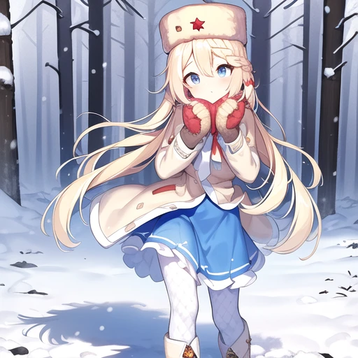 <lora:PPSH-41_Girls_Frontline:0.8> ppsh41, braided hair, long hair, blue eyes, blonde hair, bfur hat, ushanka, star (symbol), beige coat, patterned leggings, blue skirt, laced boots, white boots, knee-deep snow, gray sky, trees in the distance, snowing, visible breath, standing, best quality, masterpiece, detailed, 8K, uhd, (extremely detailed CG unity 8k wallpaper),(masterpiece), (best quality), (ultra-detailed), (best illustration), detailed face, skin pores, detailed skin, detailed eyes, high quality eyes, good quality hands, high resolution, great anatomy