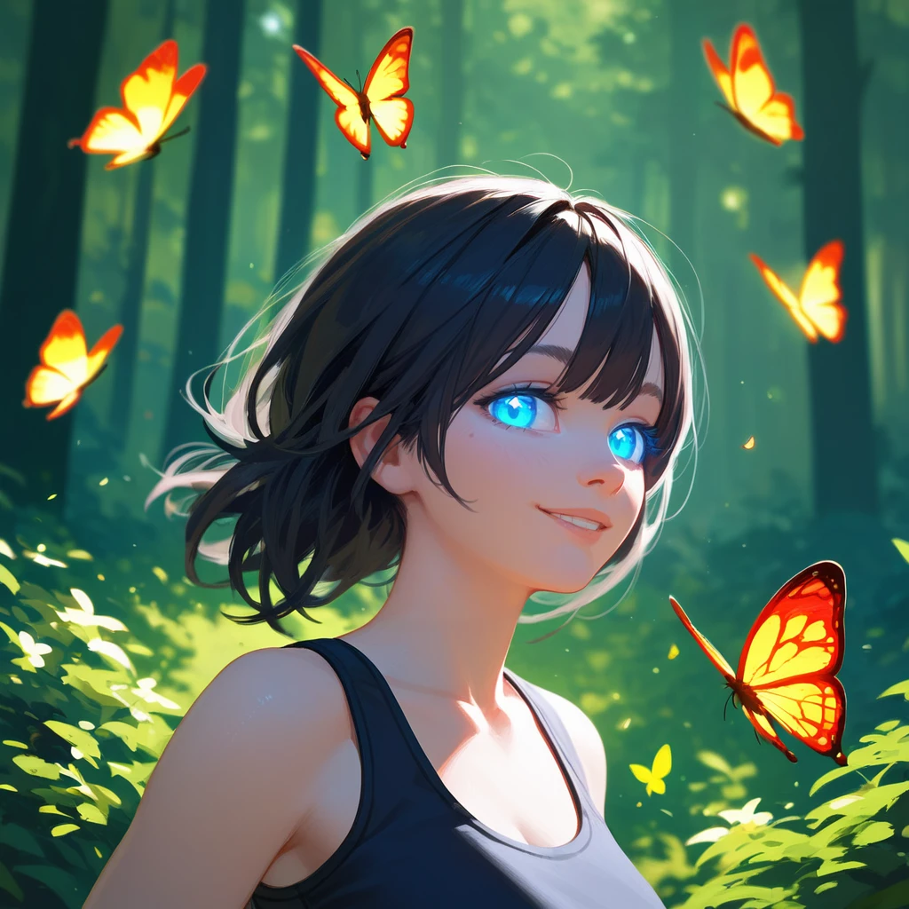 score_9, score_8_up, score_7_up, PDXL, <lora:ProfPic-000001:1>, pr0fpic, portrait, 
1girl, cute face, detailed eyes, blue glowing eyes, black hair, looking at the viewer, smiling, forest and butterflies in the background, black sports bra