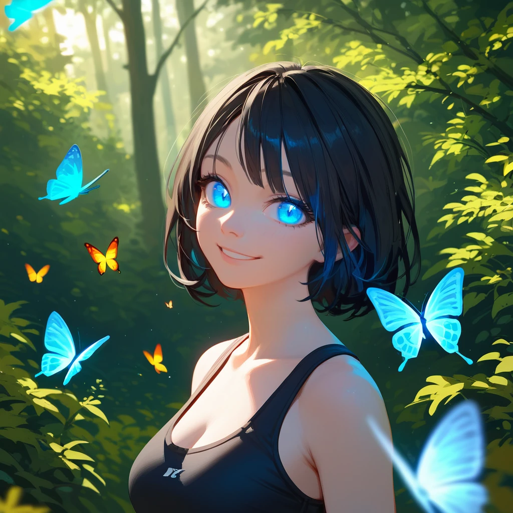 score_9, score_8_up, score_7_up, PDXL, <lora:ProfPic-000001:1>, pr0fpic, portrait, 
1girl, cute face, detailed eyes, blue glowing eyes, black hair, looking at the viewer, smiling, forest and butterflies in the background, black sports bra