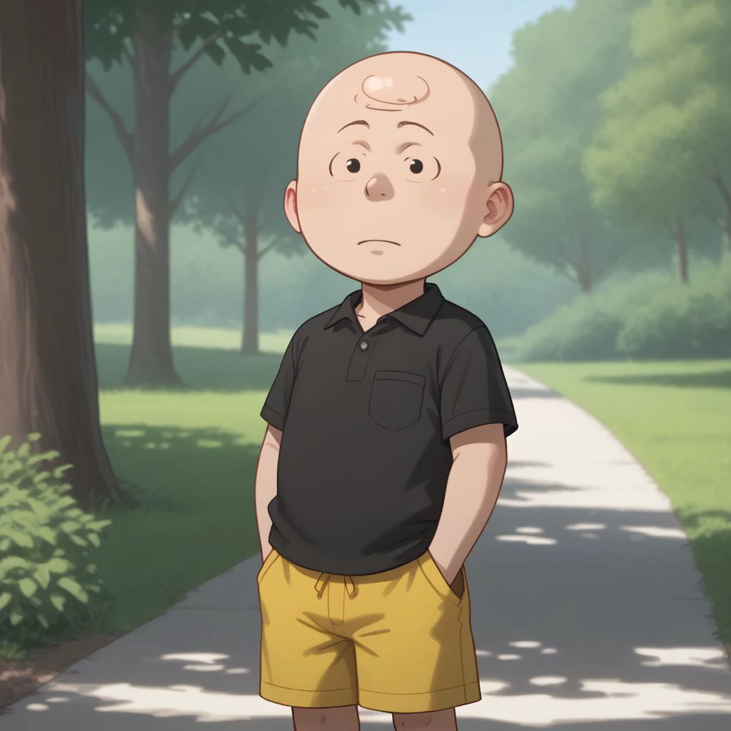 score_9, score_8, score_9, BREAK,, solo, male child, charlie brown, bald, yellow and black shirt, shorts, hands in pockets, outdoors, sunlight, shadows, natural lighting, trees,