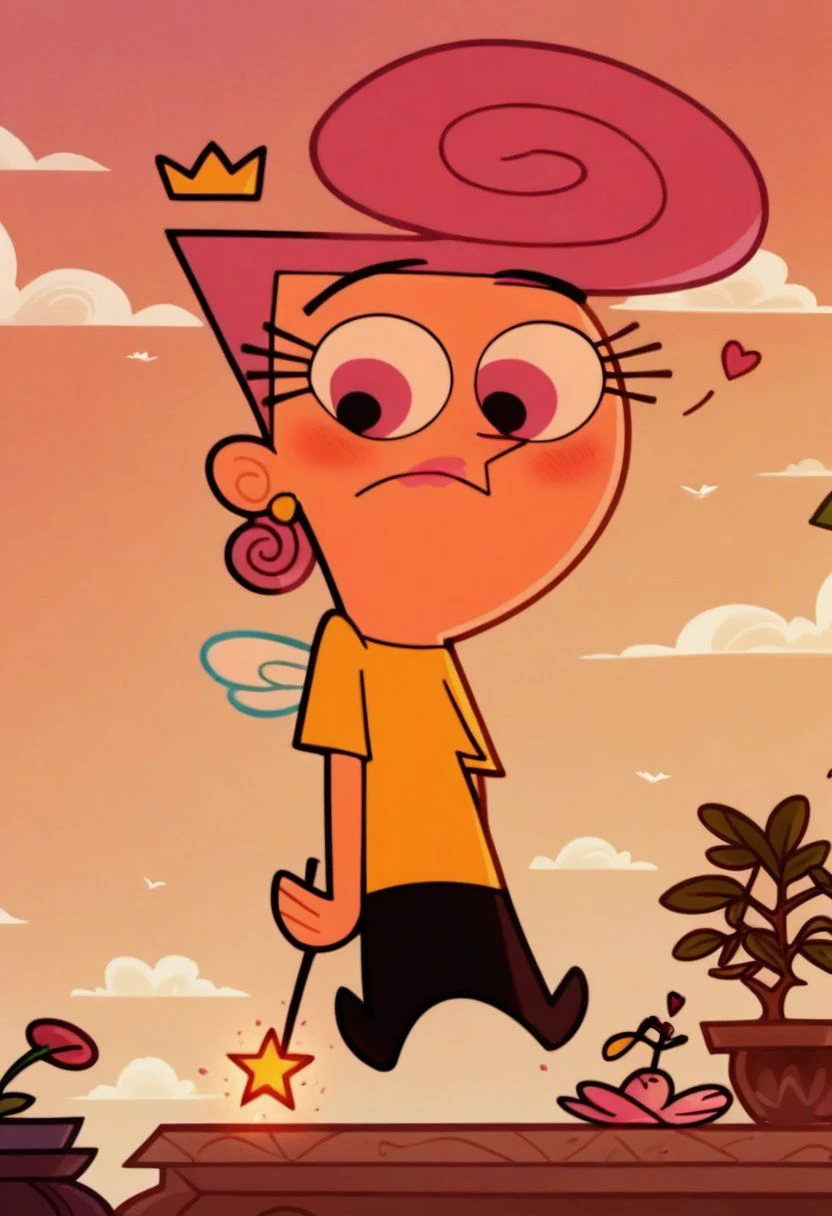 score_9, score_8_up, score_7_up, score_6_up, score_5_up, score_4_up,
1girl, wanda (/Fairly OddParents)/,(ultra HD quality details), pink hair, pink eyes, pink lipstick, earrings,
yellow shirt, black pants, crown, wings, wand, tiny fairy, floating
modest look, seducing viewer, hearts, posing, sexy, pose, solo, bonsai, sakura, cherry blossom, submission, sunset, flowers, plants, cinematic lightings