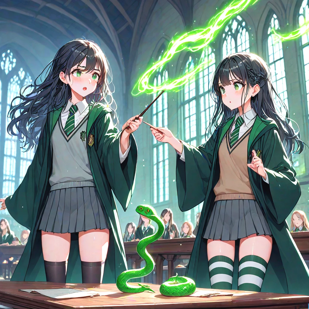 score_9, score_8_up, 2girls, slytherin, avada kedavra, green light, holding wand, magic, wide sleeves, striped necktie, sweater, pleated skirt, thighhighs, robe, wind, table, window, hogwarts school uniform, cute, long hair, black hair, medium tits, sweat, shy, blush, parted lips, snake, serpent, <lora:girllikeslytherin_pony05:0.8>