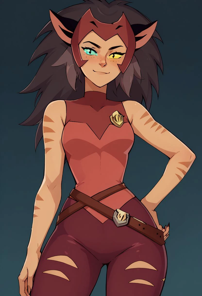 score_9, score_8_up, score_8, medium breasts, (curvy), cute, eyelashes,     
rating safe, 
BREAK,
Catra_Shera, solo, 1girl, catra, smile, closed mouth, looking at viewer, arm behind head, heterochromia, colored sclera, sleeveless, covered legs, bare shoulders, hand on hip, cowboy shot, wide hips, 
BREAK,
smile, looking at viewer, 
abstract background, 
zPDXL, Expressiveh