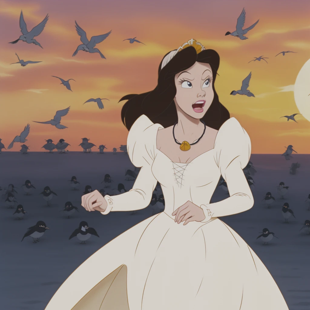 <lora:Vanessa-V1:0.8> Va79ssa,(disney style drawing with dark lines),1girl, woman,clothed,white wedding dress, tiara, smirk,purple eyes, (angry), screaming, long puffy sleeves, running away, (attacked by birds)
<lora:DisneyRenV2:0.1> disneyrenaissance style , (gold shell necklace:0.85)
sunset, outdoors