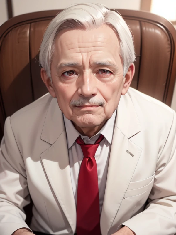 (An 80 years old man with nasolabial folds on his face:1.3), (white mustache:1.1), white suits, white short cut corners hair ,long brown red tie, beige jacket, his both fingers in front of his face, Werther's Original, sitting on the chair, glowing eyes, morinaga, age_spots, mole, freckles