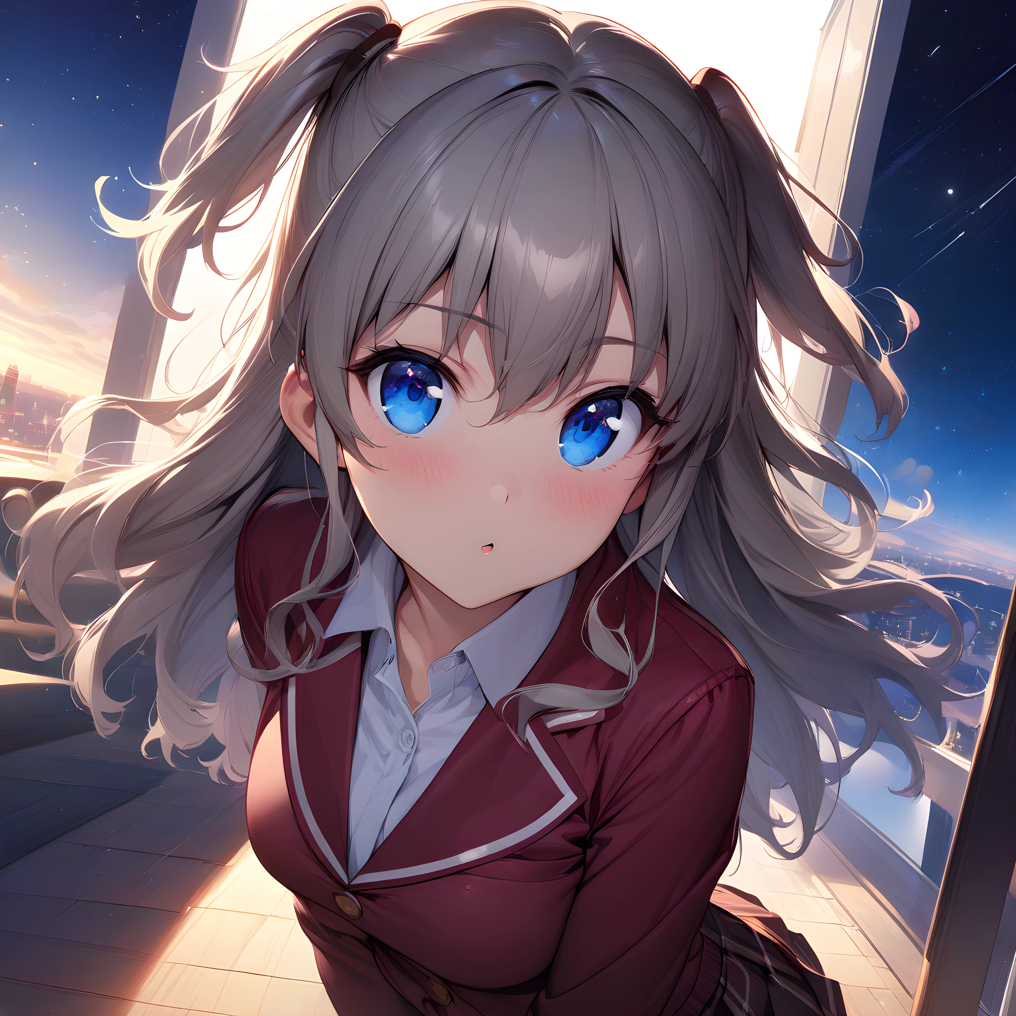 (masterpiece),(best quality),(ultra-detailed),(best illustration),(best shadow),(absurdres),(detailed background),(very aesthetic), nao_tomori, 1girl, solo, long hair, school uniform, blue eyes, skirt, sky, two side up, looking at viewer, starry sky, star (sky),  <lora:XL-NaoTomori:1>