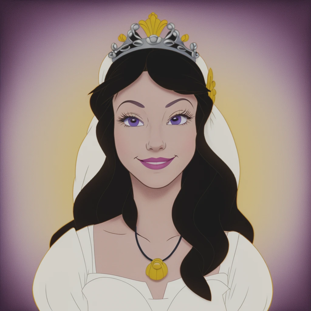 <lora:Vanessa-V1:0.8> Va79ssa,(disney style drawing with dark lines),1girl, woman,clothed,white wedding dress, tiara, smirk,purple eyes, (evil smirk),
<lora:DisneyRenV2:0.1> disneyrenaissance style , (gold shell necklace:0.75)
sunny day