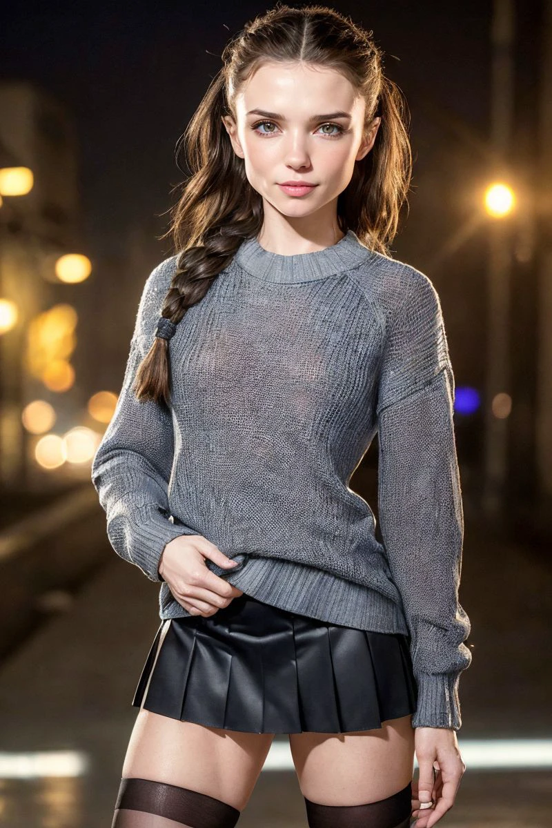 photo of S445_NelyaJorden,a stunning woman,at a (closed-powerplant:1.1),wearing a (sweater),(skirt),(braid),(4k, RAW photo, best quality, 50mm, depth of field, ultra high res:1.1),(intricate, photorealistic, cinematic-shot, masterpiece, ultra-detailed:1.1),