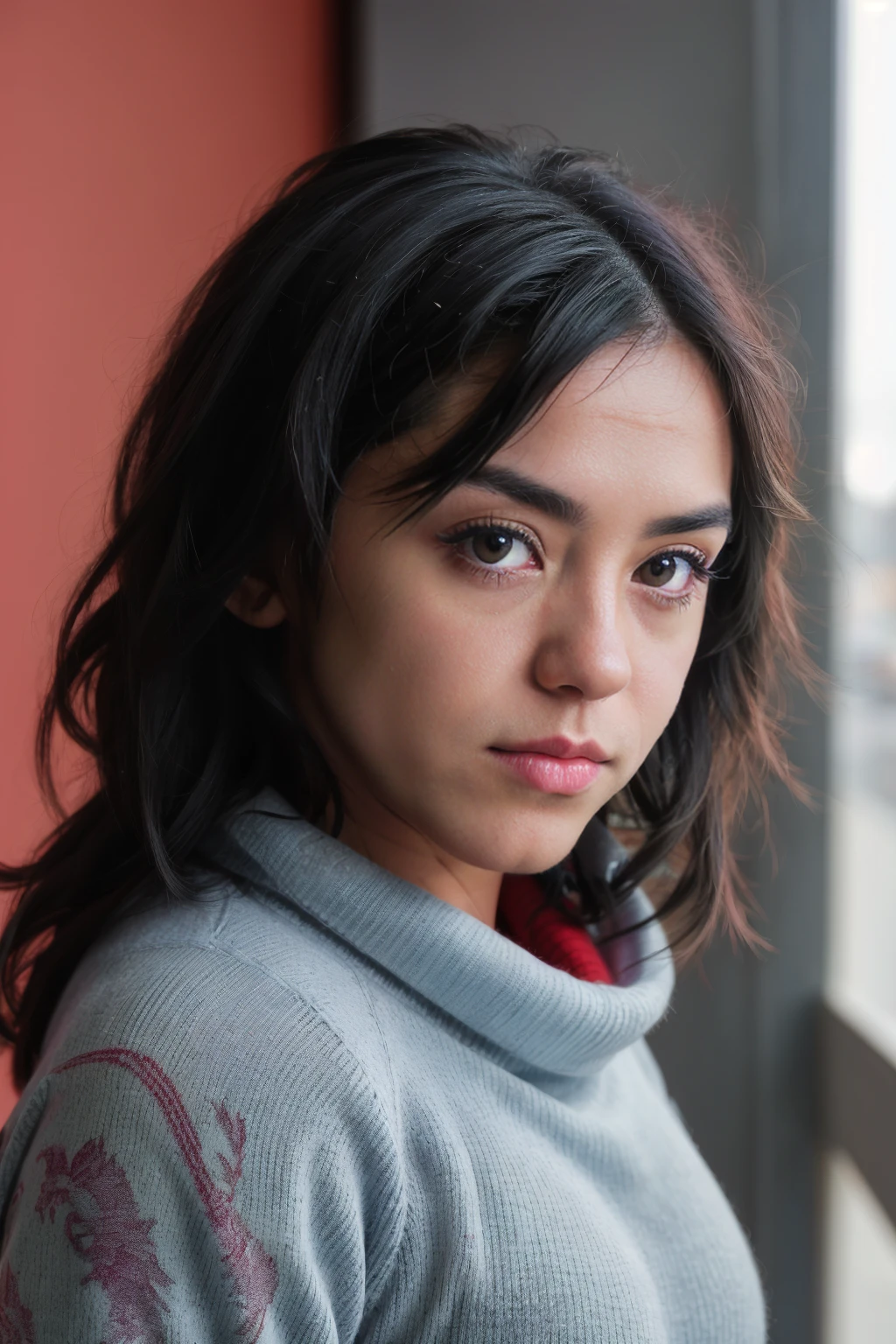extreme close headshot of 3l3na_n0texist concealing tight black woollen sweater looking at the camera, Bokeh effect, dynamic lighting, photorealistic, high detail