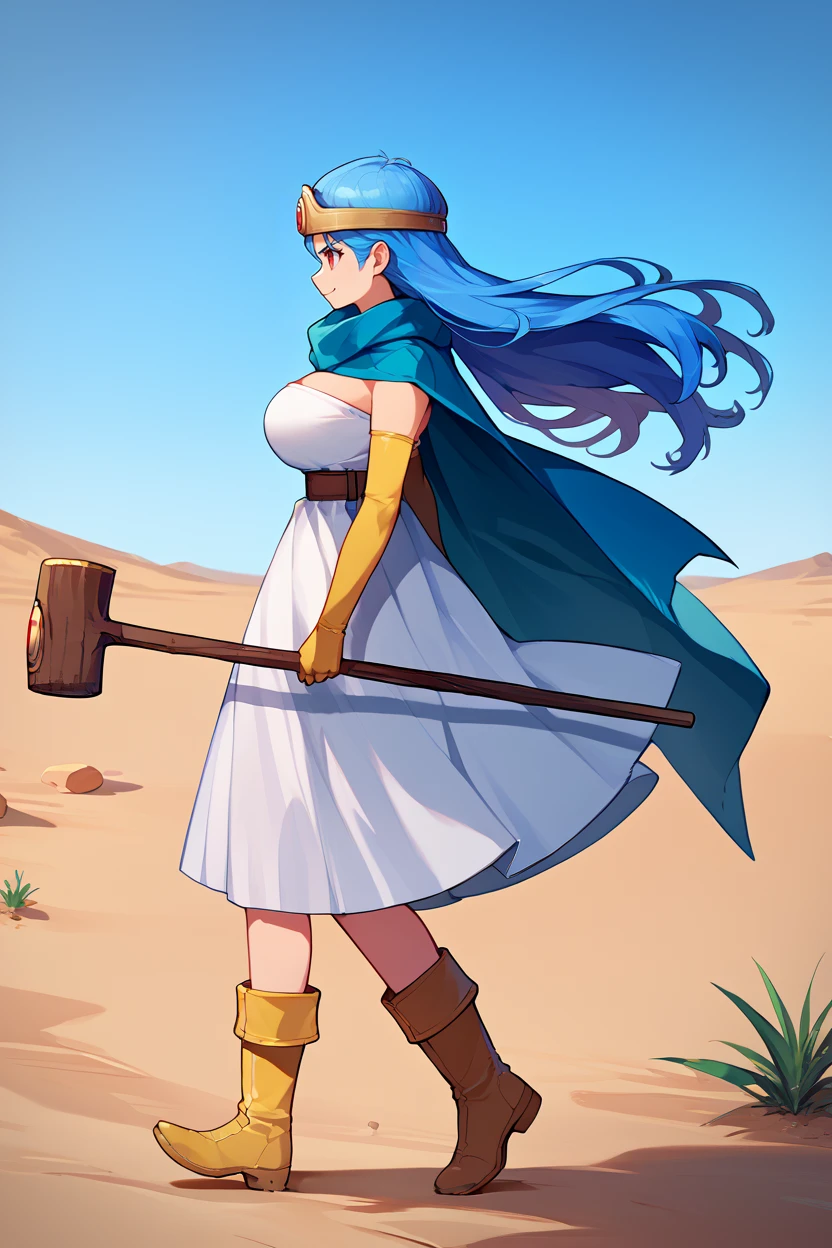 score_9, score_8_up, score_7_up, score_6_up, source_anime, BREAK 1girl, solo, <lora:dq3sage-pdxl-nvwls-v1-000006:1> dq3sage, blue hair, red eyes, long hair, circlet, blue cape, white dress, strapless, belt, elbow gloves, yellow gloves, yellow boots, big breasts, serious, from side, profile, holding staff, walking, desert, blue sky, smile, closed mouth
