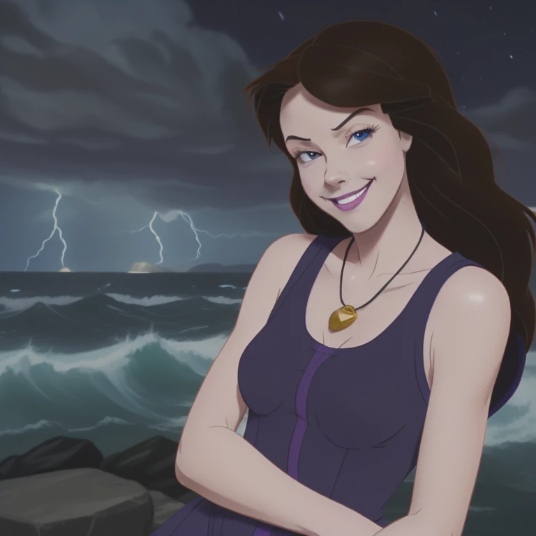 <lora:Vanessa-V1:0.8> Va79ssa,(disney style drawing with dark lines),1girl, woman,clothed,purple sleeveless dress, smirk,purple eyes, (evil smirk)
<lora:DisneyRenV2:0.1> disneyrenaissance style , (gold shell necklace:0.75)
stormy sea, nighttime