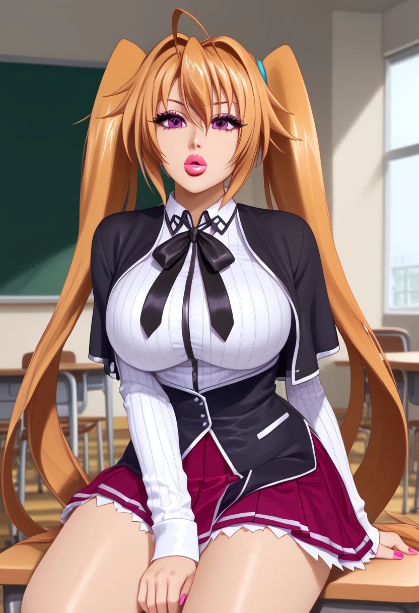 Masterpiece, best quality, high quality, highres, 4k, detailed face, Expressiveh, irina shidou, long hair, brown hair, twintails, purple eyes, very long hair, ahoge, parted lips, shiny lips, lipgloss, gyaru, bmbplora, long eyelashes, kuohacademy, school uniform, black capelet, white shirt, black ribbon, neck ribbon, long sleeves, corset, red skirt, pleated skirt, classroom,