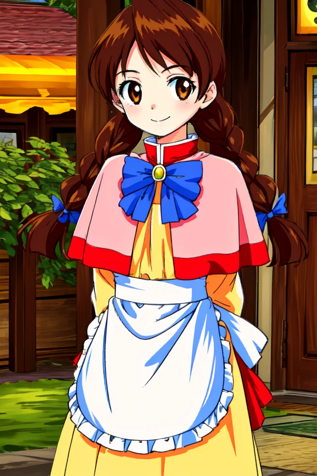 1 girl, outdoors, village, standing, smile, pov, looking at viewer,
 <lora:Thousand_Arms_-_Mil_Wind:0.6> tamilwind, brown hair, twintails, braided twintails, brown eyes
pink capelet, blue bow, dress, long skirt, yellow skirt, apron,