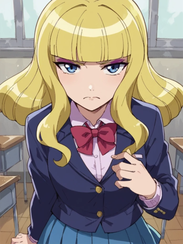 score_9, score_8_up, score_7_up, 
1girl, himekawa goon, blonde hair, blunt bangs, blue eyes,


frown, looking at viewer, purple eyeshadow,
school uniform, blue blazer, red bowtie, blue skirt, pleated skirt,
classroom,
solo, 