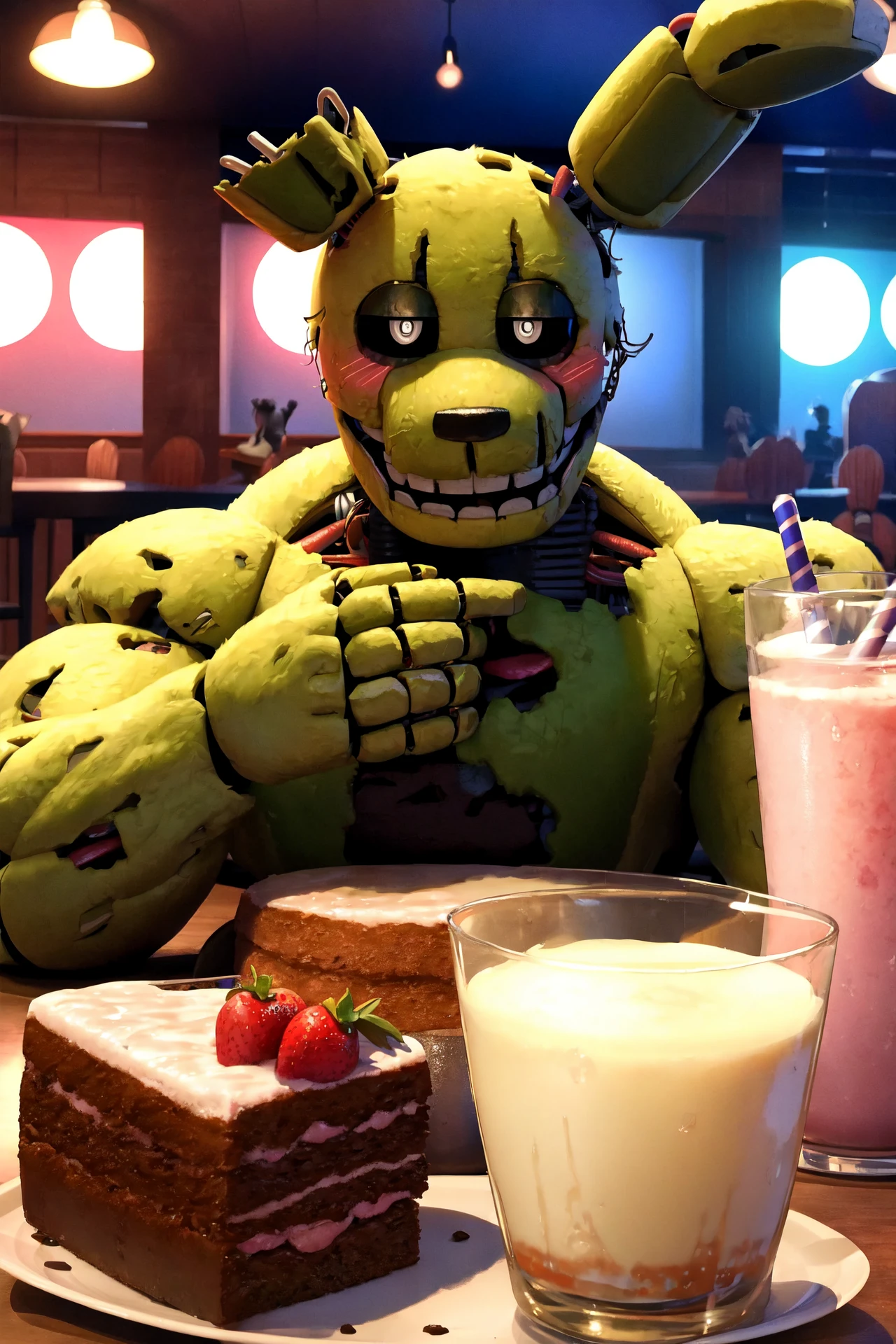 ((springtrap, animatronic)), (upper body), muscular, nude, male focus, smile, blush, looking at viewer, ((correct eyes, glowing, white eyes, black sclera)), pov, cafe, cakes, table, milkshake, (masterpiece, best quality:1.5), hi res, absurd res, 4k, hdr, detailed eyes, perfect anatomy, depth of field, UHD, high resolution, 32K, official art, masterful technique, detailed fur, [realistic proportions] <lora:SpringtrapAIbyRonnie_v1:0.8>