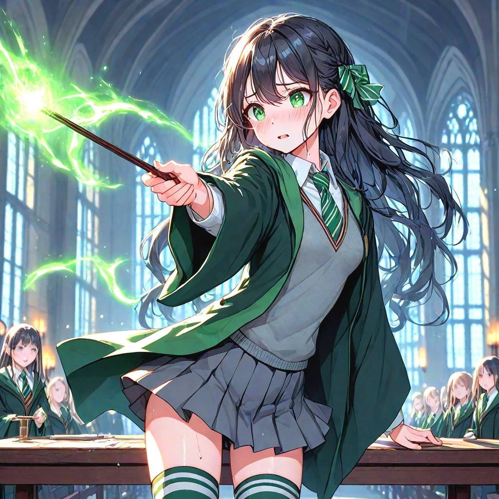 score_9, score_8_up, solo,1girls, slytherin, avada kedavra, green light, holding wand, magic, wide sleeves, striped necktie, sweater, pleated skirt, thighhighs, robe, wind, table, window, hogwarts school uniform, cute, medium tits, sweat, shy, blush, parted lips, black hair, long hair, side braid, <lora:girllikeslytherin_pony05:0.8>