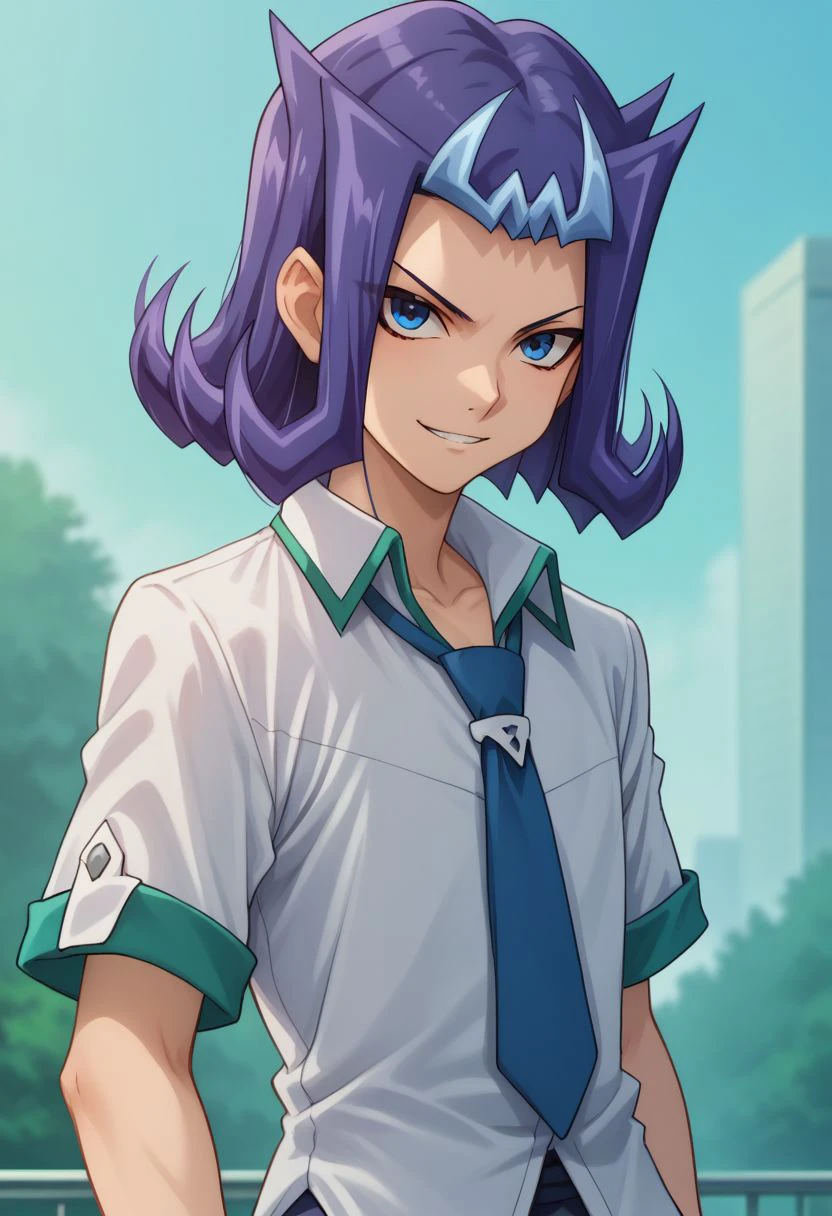 score_9, score_8_up, score_7_up, source_anime, highly detailed, 
shark, solo, 1boy, male focus, blue eyes, purple hair, blue hair, multicolored hair, looking at viewer, school uniform, shirt, collared shirt, necktie, blue necktie, smile, upper body,
outdoor, sit,