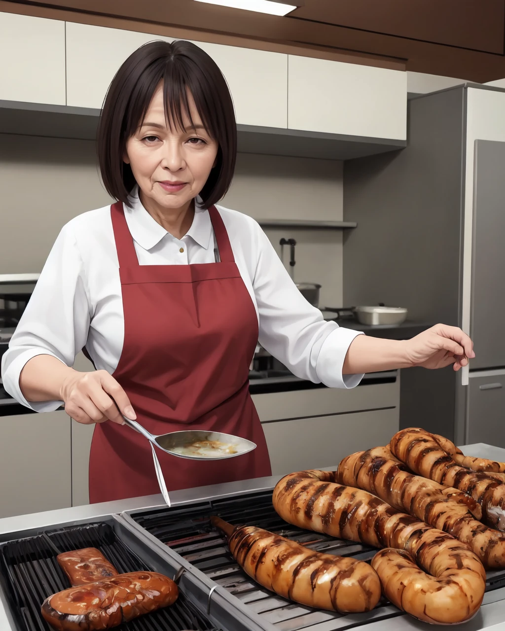 66 years old woman cooking, (lamprey:1.1), grill