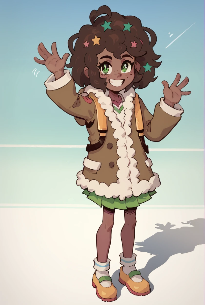 score_9, score_8_up, score_7_up, masterpiece, absurdres, BREAK
 Molly Blyndeff, dark-skinned female, ((Epithet style)), ((full body)), 1girl, coat, skirt, school, smiling, looking at viewer, waving, good anatomy, flat chest, good hands, High Quality V2,  zPDXL2   <lora:Molly_Blyndeff:0.9>,<lora:zPDXL2:1>