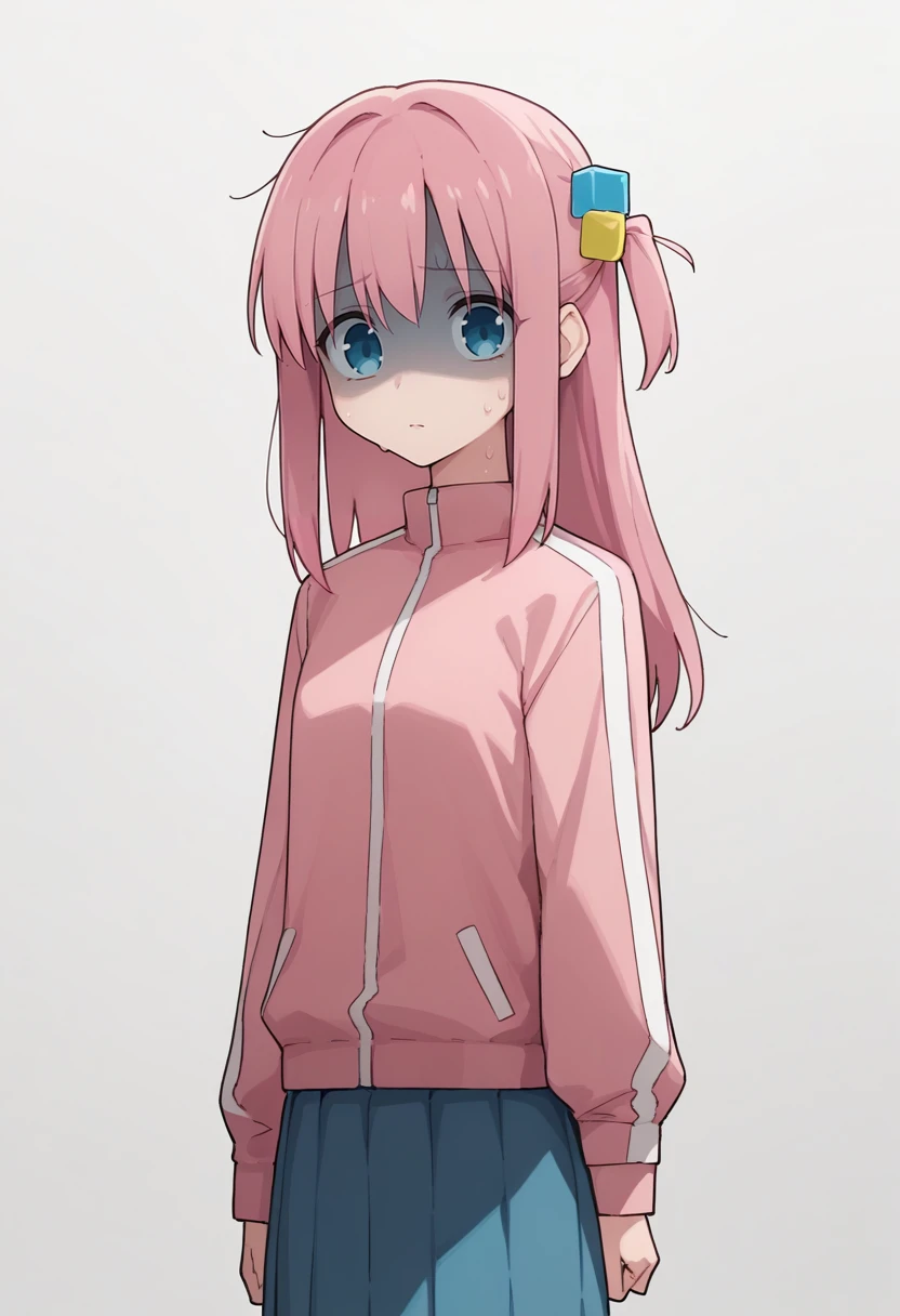 score_9, score_7_up, source_anime, simple background, white background, solo, 1girl, gotoh hitori, shaded face, sweat, looking at viewer, standing, long hair, pink hair, one side up, cube hair ornament, blue eyes, pink jacket, track jacket, blue skirt, pleated skirt <lora:style_caststation_ponyXL-000030:1>