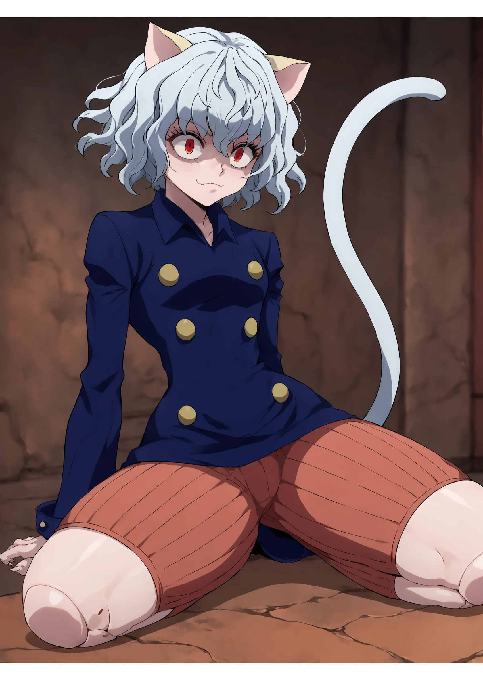 score_9, score_8_up, score_7_up, score_6_up, score_5_up, score_4_up, 2d, anime, anime artstyle, simple shadows, flat coloring, flat shadows, thick lines, hxhpitou <lora:Neferpitou_HxH_-_2011_anime_accurate_style:1.2>, 1girl, cat ears, cat tail, red eyes, thick thighs, wide hips, curvy, panties, doll joints, sitting BREAK source_anime