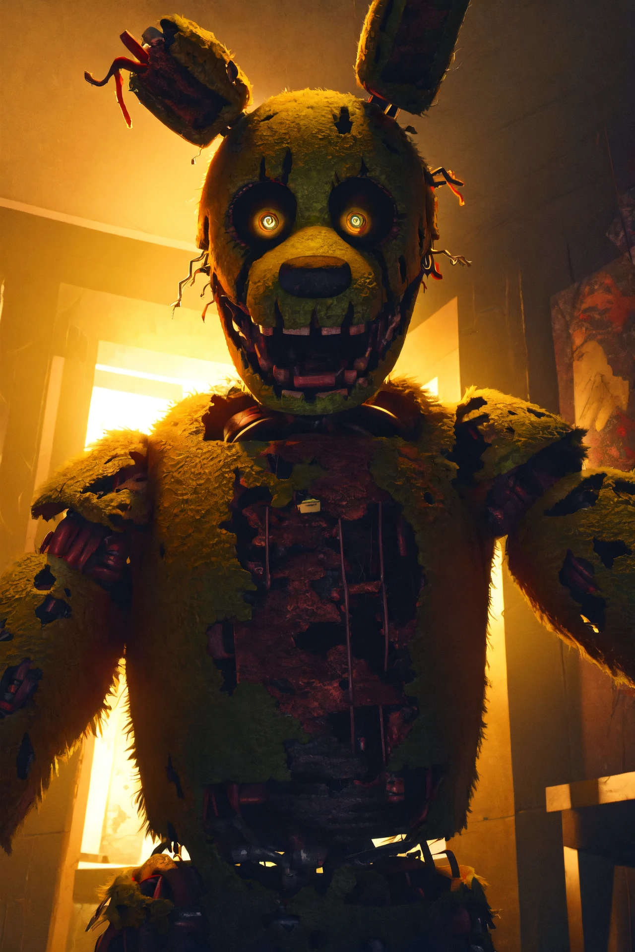 (springtrap, animatronic), (dynamic pose), (close-up), nude, male focus, open mouth, looking at viewer, horror, ((correct eyes, glowing)), black background, office, (masterpiece, best quality:1.5), hi res, absurd res, 4k, hdr, detailed eyes, perfect anatomy, depth of field, UHD, high resolution, 32K, official art, detailed fur, masterful technique, [realistic proportions] <lora:SpringtrapAIbyRonnie_v1:0.8>